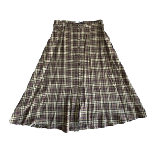 Mango women midi A-line plaid skirt front button down Sz L